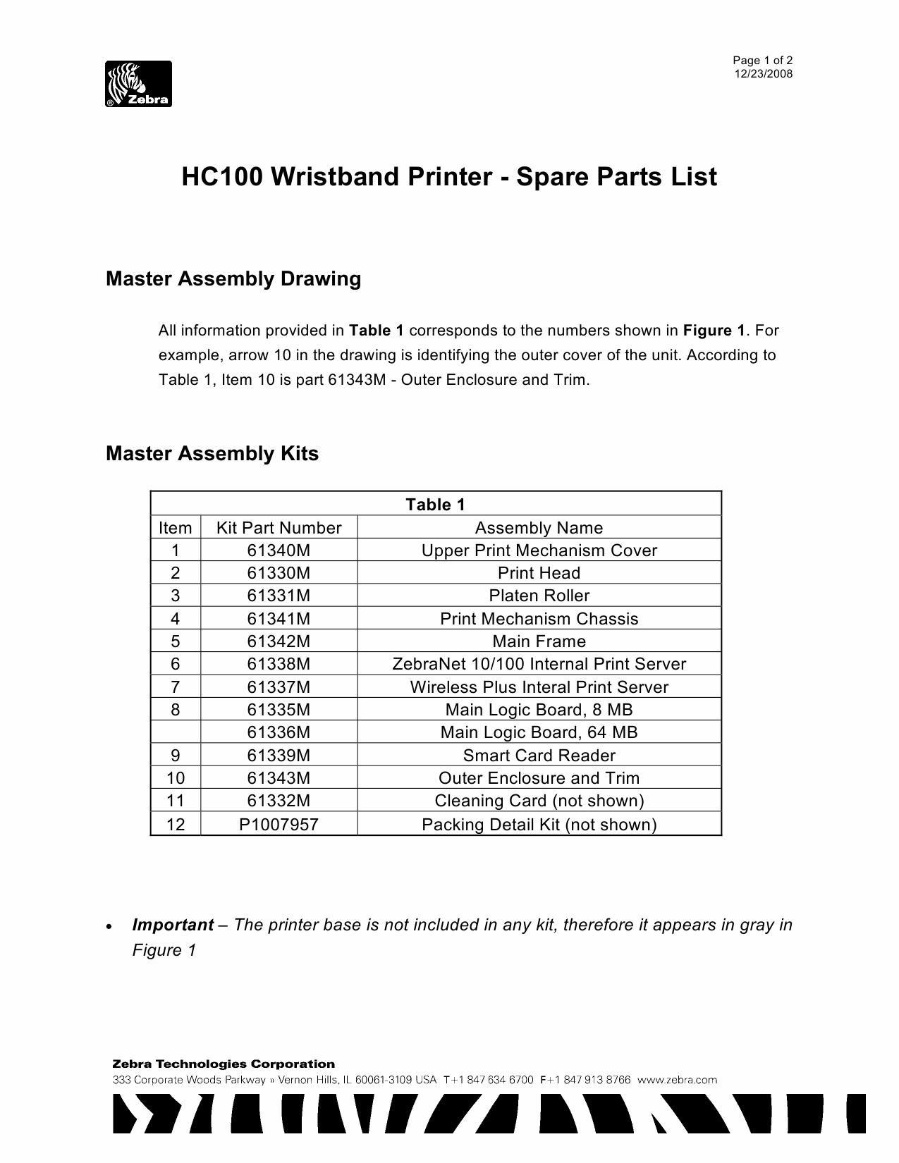 Zebra Label HC100 Parts List-1